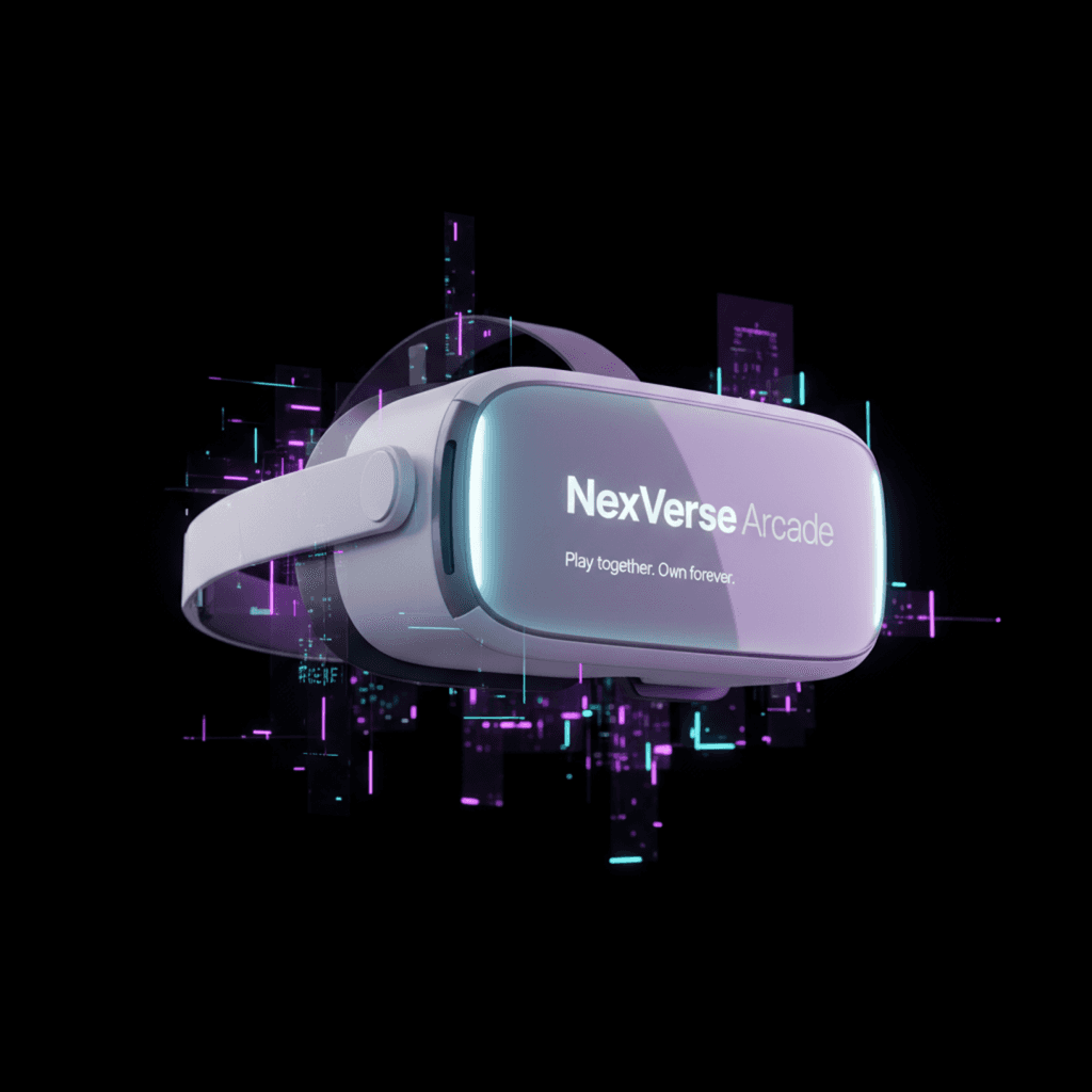 NexVerse Arcade VR headset floating with a neon cityscape backdrop