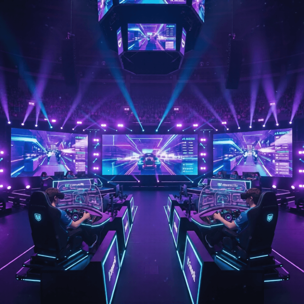 Esports tournament arena with players at racing sim rigs and massive screens