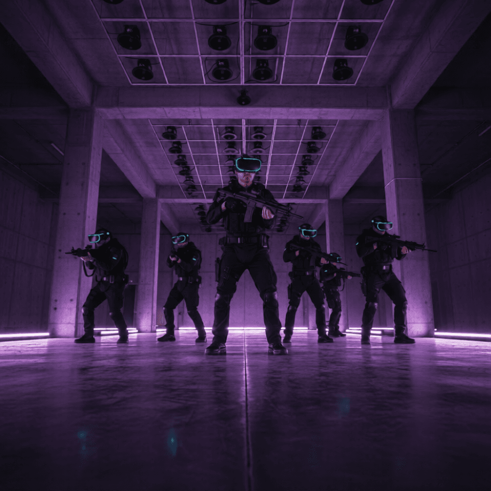 Squad of players in tactical VR gear in a purple-lit free-roam arena