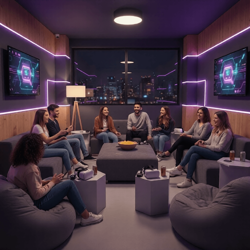 Friends gathered in the NexVerse social lounge with VR headsets, neon lighting, and comfortable seating