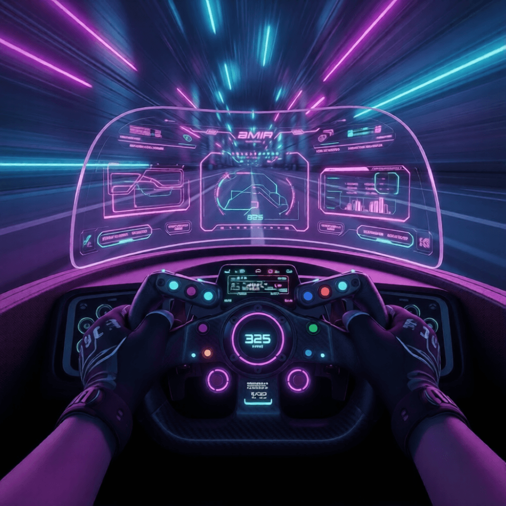First-person view of VR racing with a futuristic steering wheel and holographic HUD