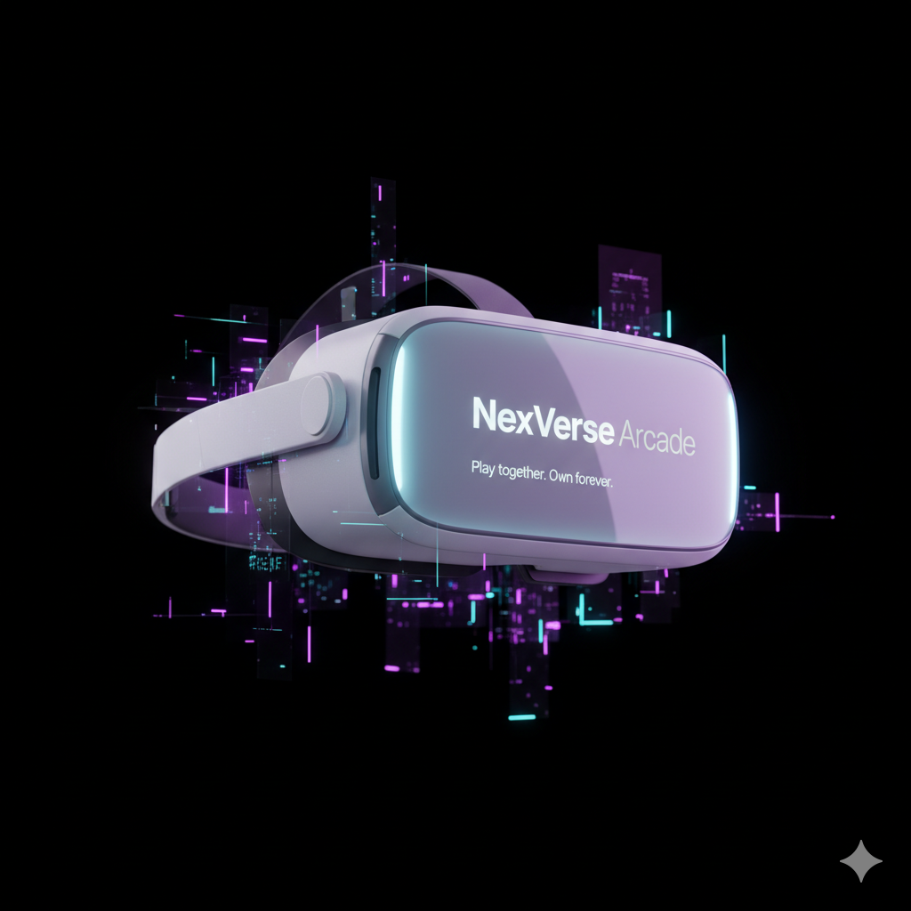 NexVerse Arcade VR headset floating with neon cityscape backdrop