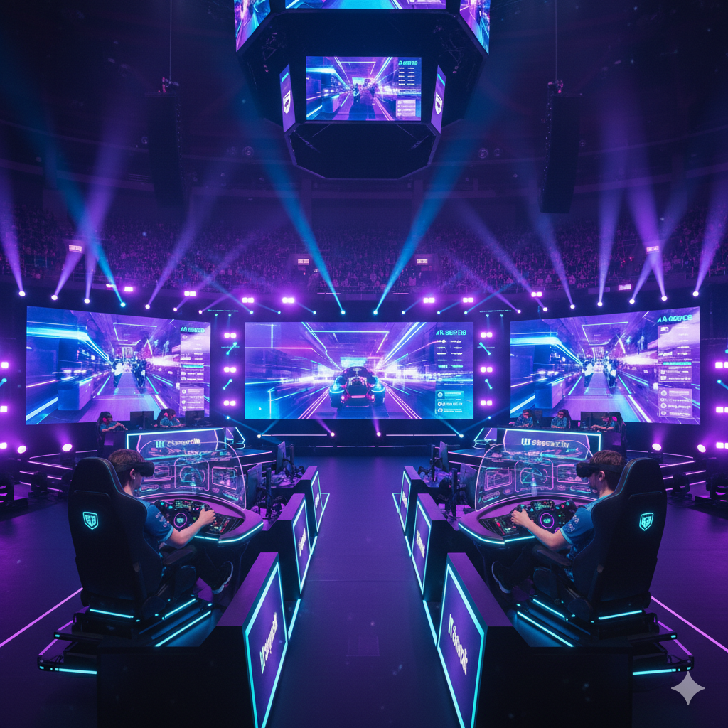Esports tournament arena with players at racing sim rigs and massive screens