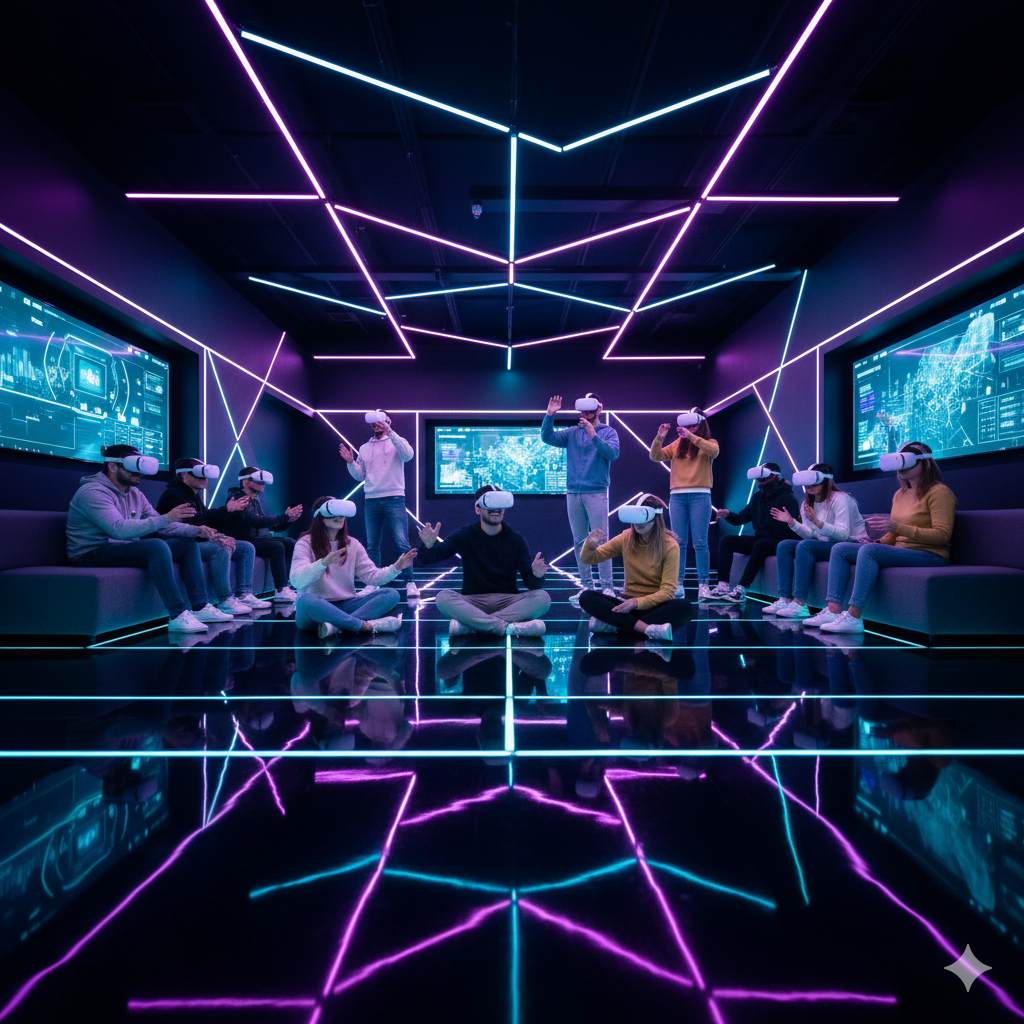 NexVerse Arcade immersive VR room with players wearing headsets in a neon-lit futuristic space
