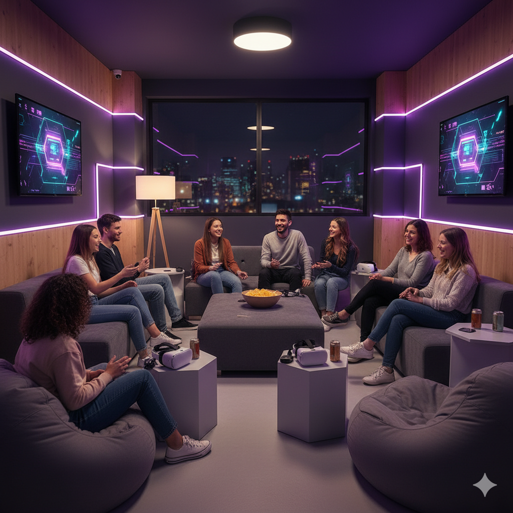 Friends gathered in the NexVerse social lounge with VR headsets, neon lighting, and comfortable seating