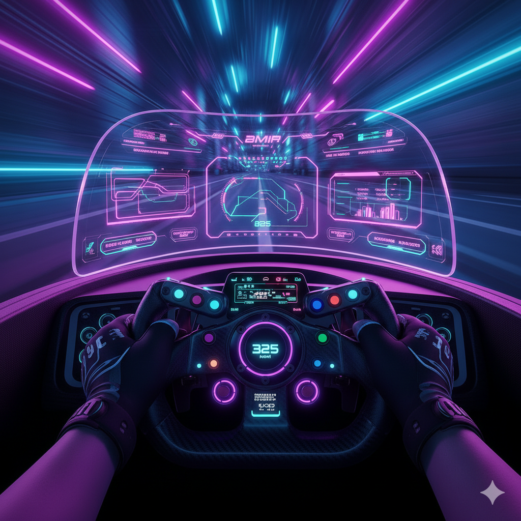First-person view of VR racing with futuristic steering wheel and holographic HUD
